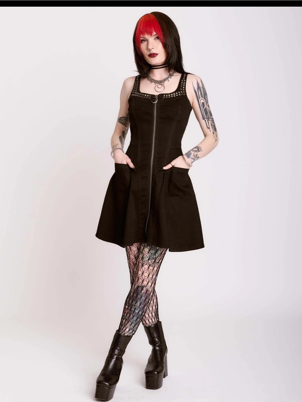 Black Stud-Trim A-Line Zip Dress